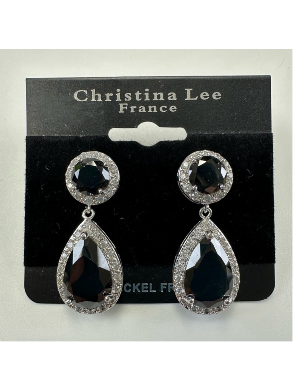 Black teardrop crystal bezel earring NEW dangle Nickle Free Wedding Formal Party